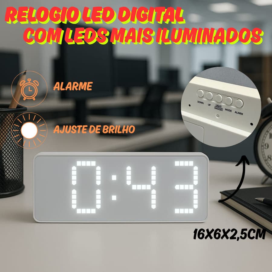 Relógio Digital Mesa 16x6x2.5 Tela Clara E Brilhante Com Calendário Temperatura Alarme Acompanha Usb