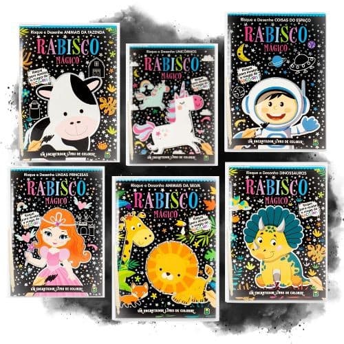 Kit Rabisco Mágico Aventuras Encantadas: Dinossauros, Espaço, Selva, Fazenda, Unicórnios e Princesas