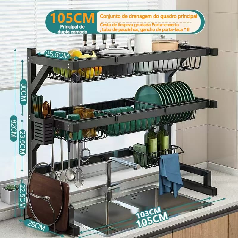 105cm Escorredor de Louças Suspenso Inoxidável Suspenso Autossustentável  Porta Copos CHELLY Talher em Aço Inox Para Pia