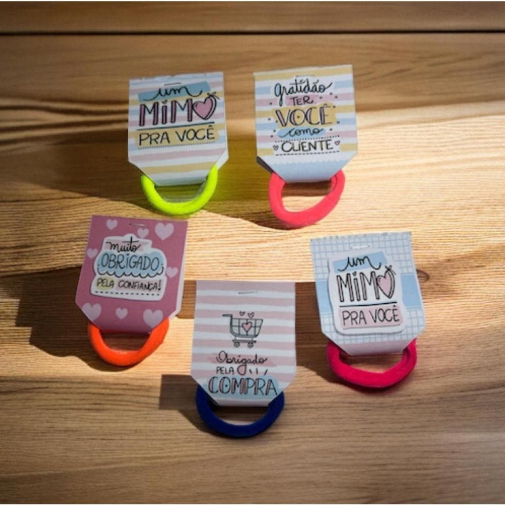 25 Amarradores Xuxinhas de Cabelo Personalizadas com Tag para Clientes Brinde Empresa e loja