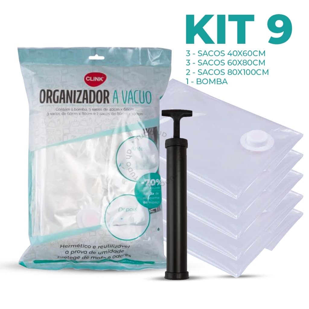 Kit 9 Sacos A Vácuo Vários Tamanhos Com Bomba Guarda Roupa Para Viagem Organização Mala