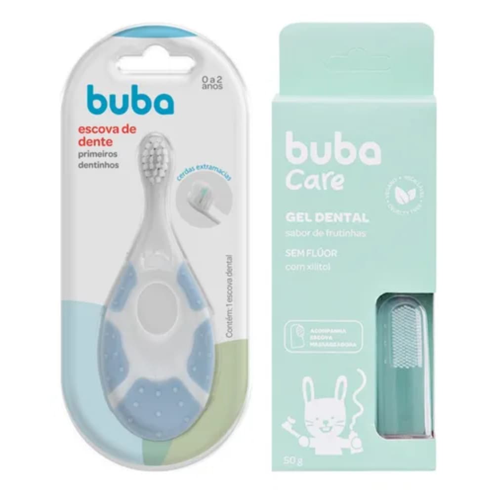 Kit Escova De Dente Azul Primeiros Dentinhos e Gel Dental C/ Escova Massageadora - BUBA