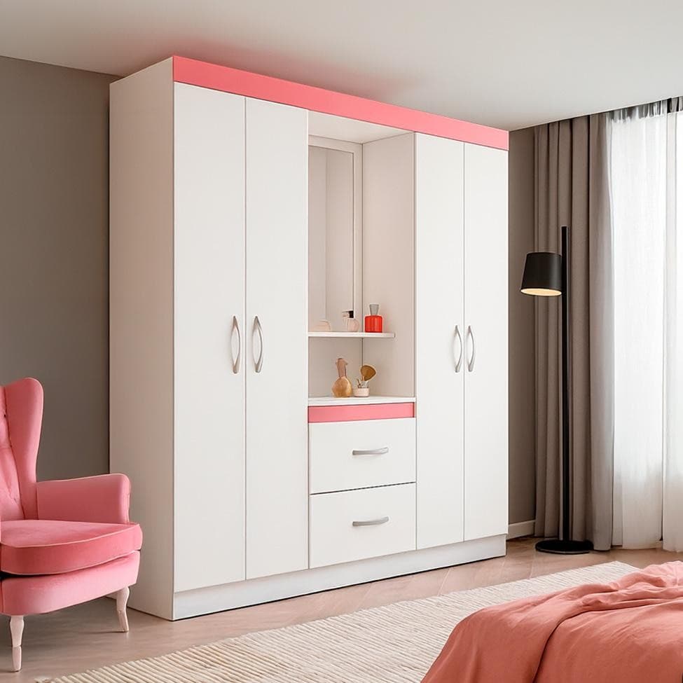 Guarda-Roupa Solteiro com Espelho Embers 4 Portas 2 Gavetas Branco e Rosa