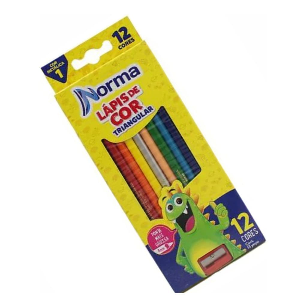 Lapis De Cor Triangular Com 12 Cores + Apontador Norma