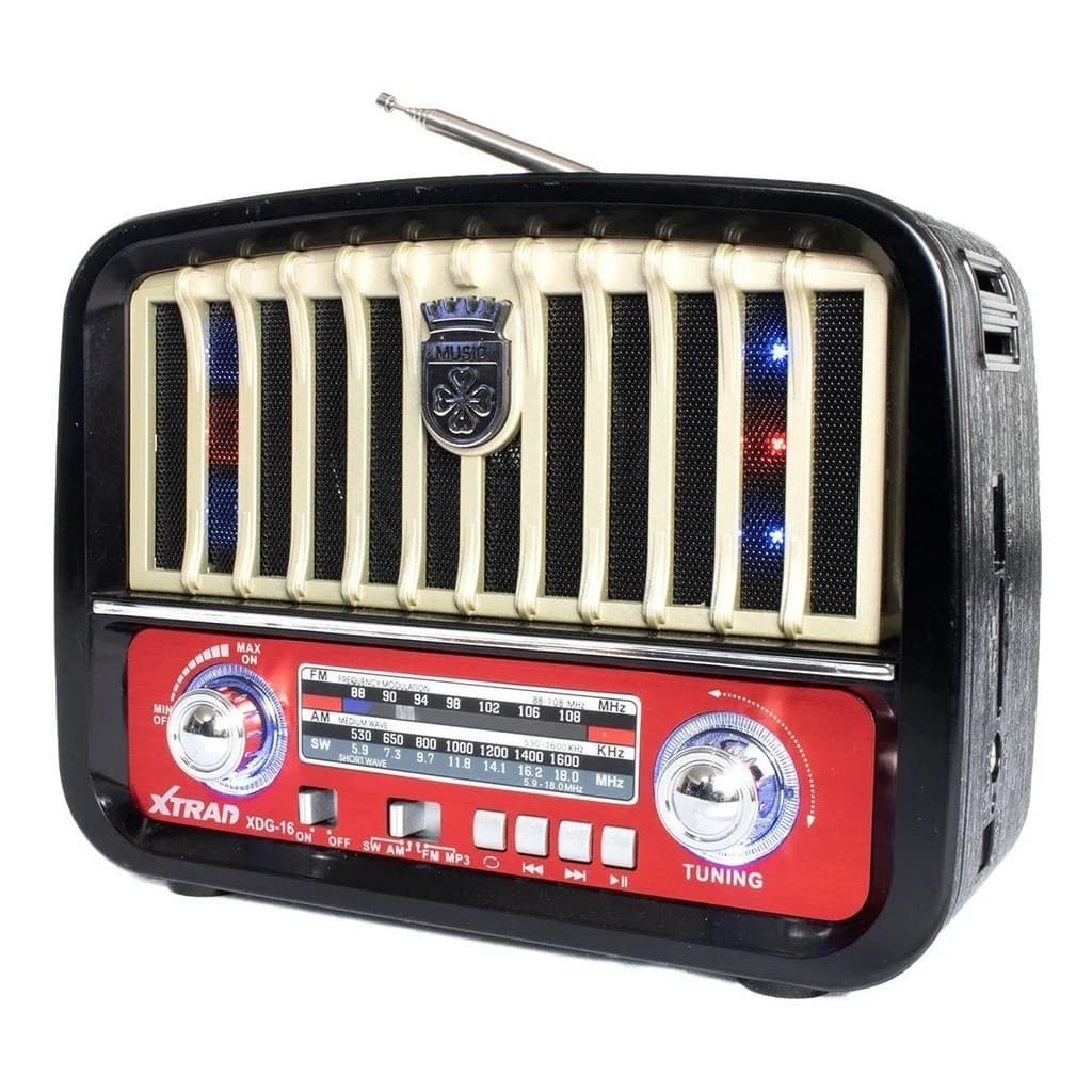 Rádio Retrô Portátil- Vintage com Bluetooth, FM, AM, SW, USB, P2, SD e Lanterna Recarregável