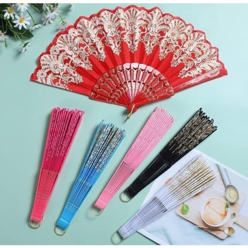 GUIANA KIT 12PCS Leque de tecido Colorido estampado plastico Com Glitter/SEM Glitter