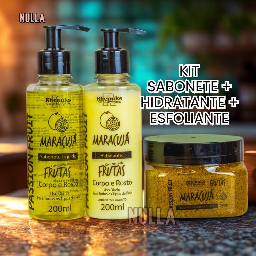 KIT SABONETE + HIDRATANTE + ESFOLIANTE MARACUJA CORPO E ROSTO RHENUKS
