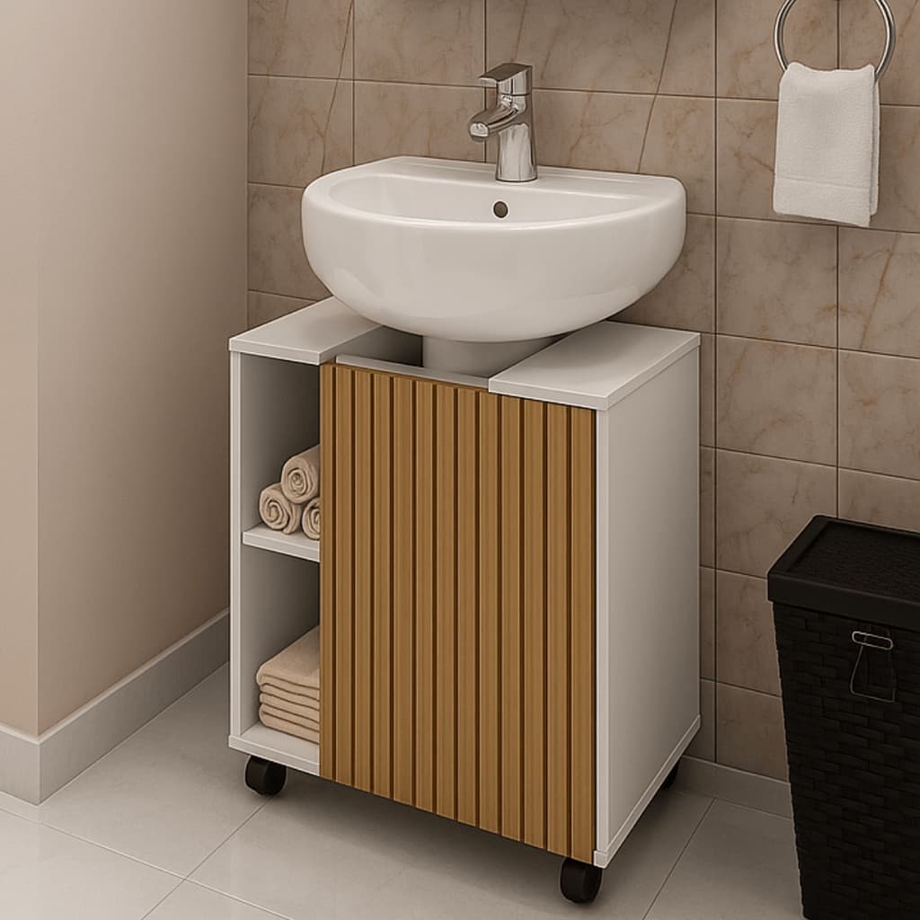 Gabinete para Banheiro Pia de Coluna Pequin 6 Nichos Com Porta Articulada Rodinhas Em MDP