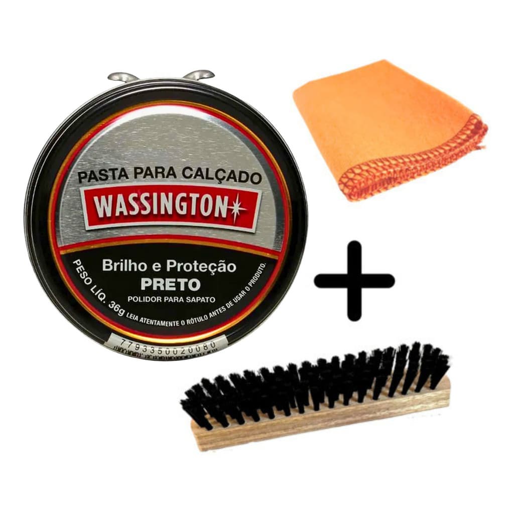 Kit 1 Graxa Cera Pasta Wassington 36g Preto 1 Escova 1 Flanela Polidor Sapato