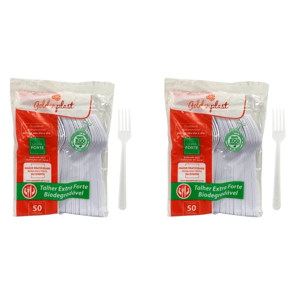Kit de Garfo p/ Refeição 17,5cm Branco Reforçado Biodegradável Goldenplast 2 Pacotes com 50 unidades