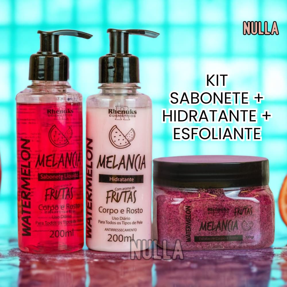 KIT SABONETE + HIDRATANTE + ESFOLIANTE MELANCIA CORPO E ROSTO RHENUKS