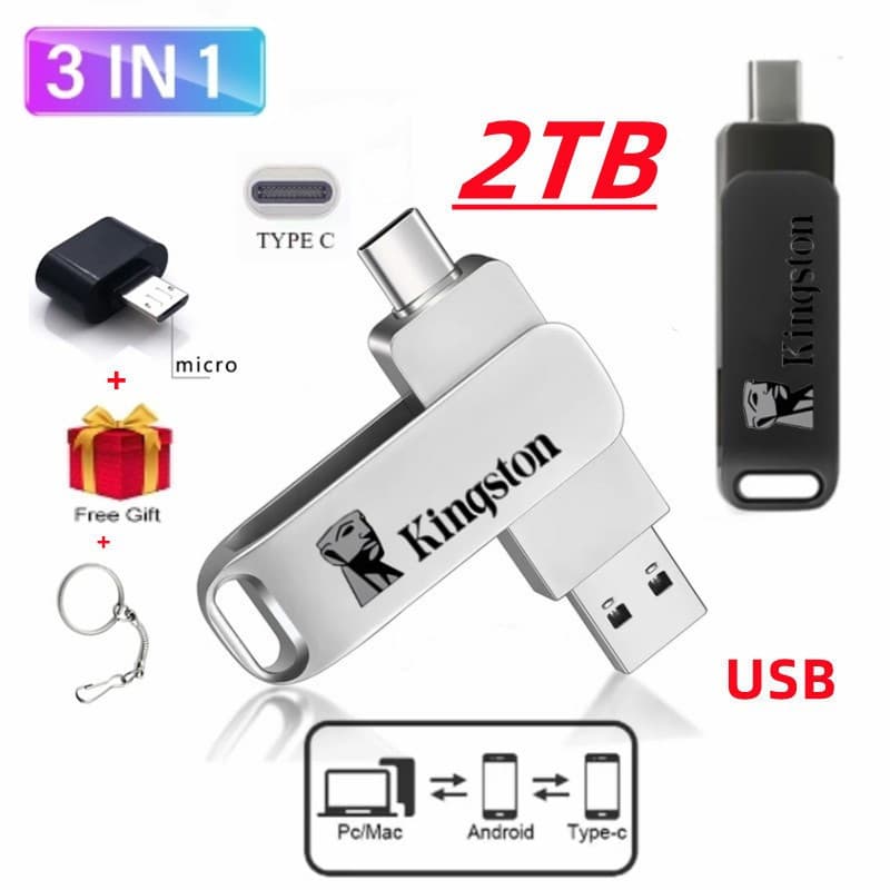 kingston 2 Tb 3 Em 1 Unidade flash OTG USB Tipo C U Drive 128 Gb 256 512 1 Pendrive Pen De Alta Velocidade Para Telefone