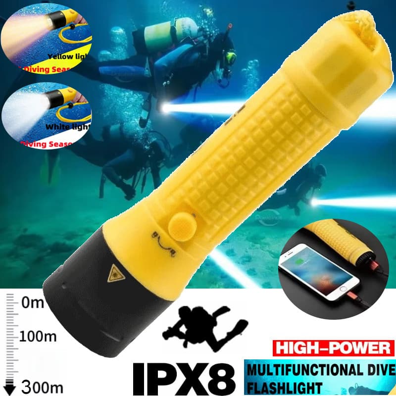 Lanterna De Mergulho Profissional IPX68 , À Prova D'água , Subaquática , 300M , Lâmpada Embutida , Bateria De 5000mAh