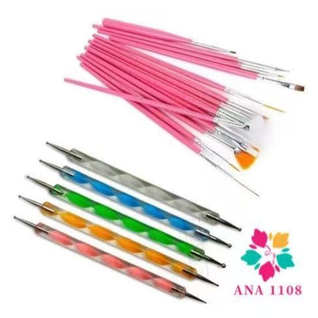 Kit 15 Pincéis + 10 Boleadores Em 5 Pincéis Manicure Desenho