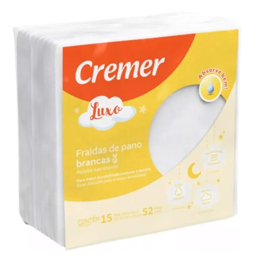 Fralda Pano Branca Luxo 100% Algodão Com 15 Unidades Cremer
