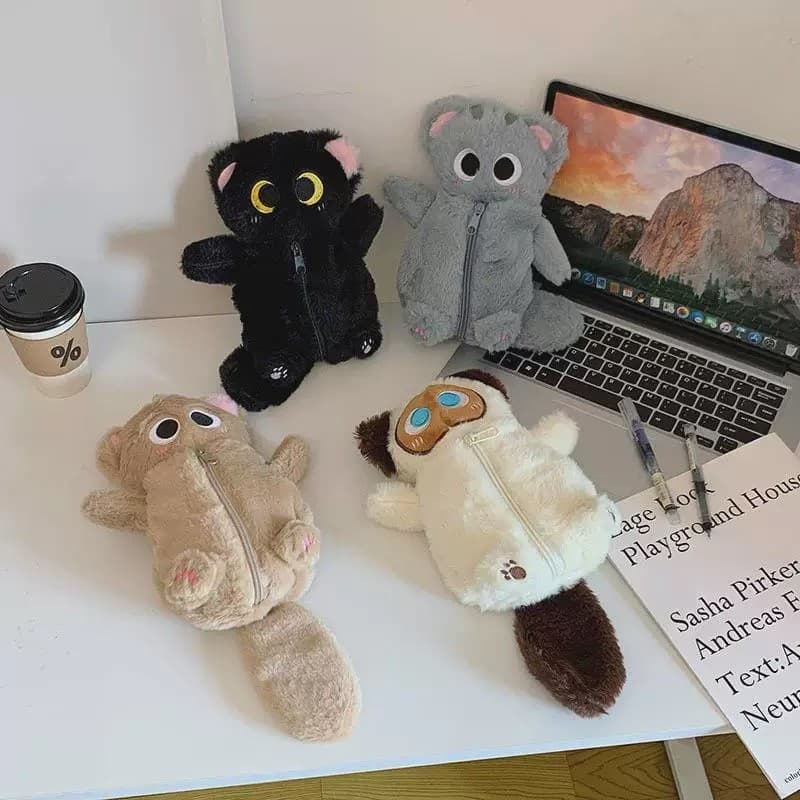 Estojo lápis pelúcia gatinho, desenho animado fofo, bolsa armazenamento grande capacidade estudantes