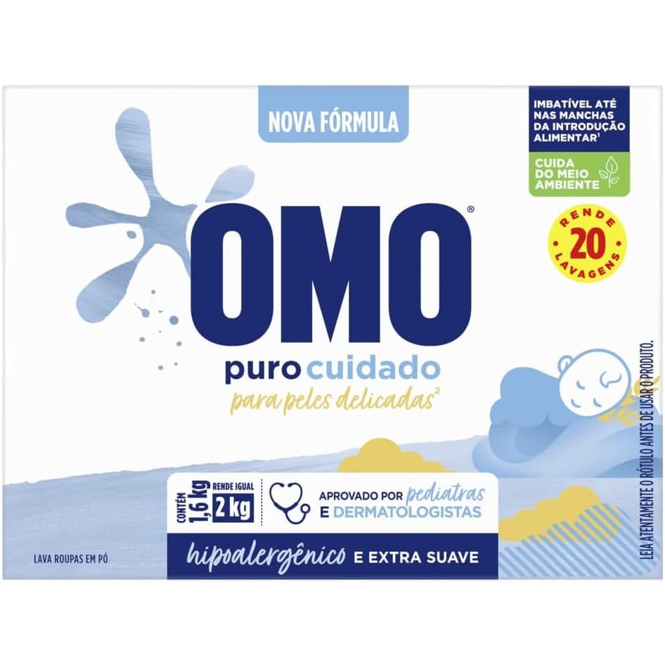 Lava-Roupas em Pó Omo Puro Cuidado Hipoalérgico para Roupinhas de Bebê 1,6Kg