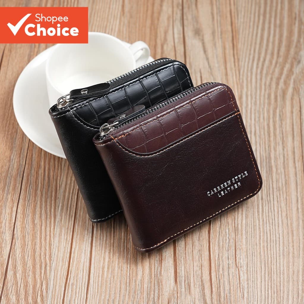 Carteira Curta Masculina Com Padrão De Pedra-Bolso Para Moedas Zíper Vários Cartões E Bordas Costuradas ​