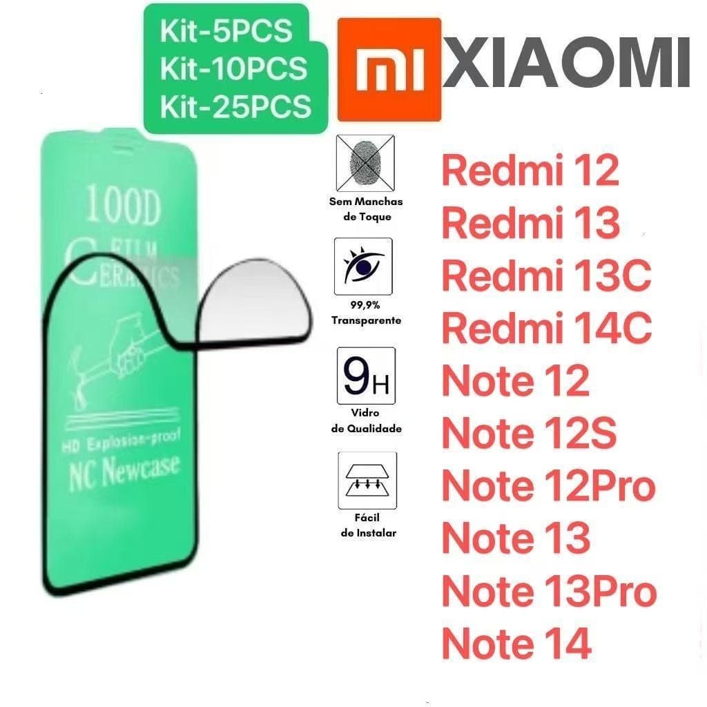 Kit 5/10/25Pçs Película Cerâmica 3D/9D Xiaomi Redmi Todos os modelos 12 4G/13/13c/14C/Note12/12s/12 Pro/Note13/13Pro/14