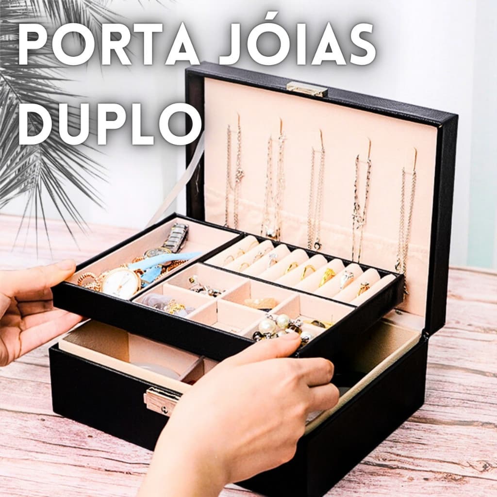 Porta Joias Grande Duplo Caixa Colar Bijuteria Portatil Aneis Pulseira com Chave Luxo