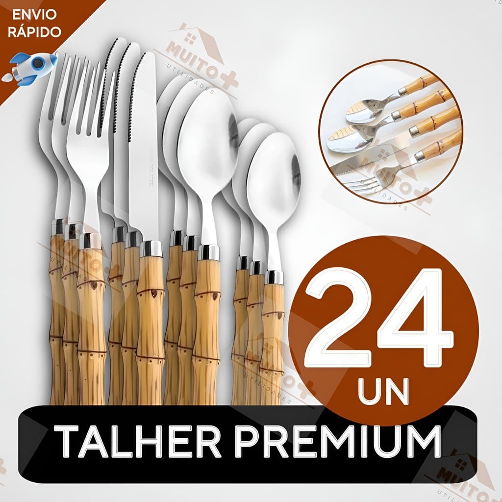 Jogo de Talheres 24 Peças Facas Garfos Colher e Colheres de Sobremesa Em Aço Inox de Cabo Plástico Bambu