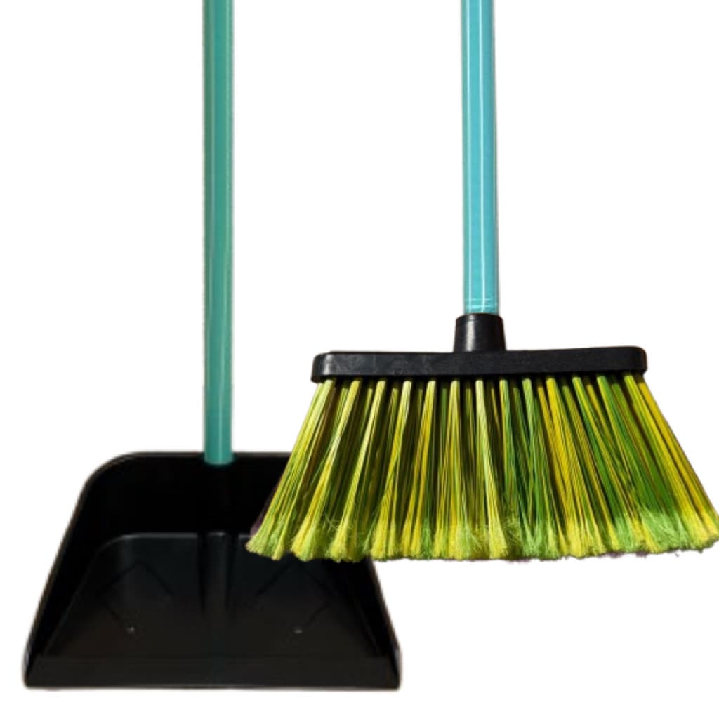 Kit Vassoura com Pá Plástica de Lixo Para Limpeza Com Cabo de Madeira Cores Sortidas