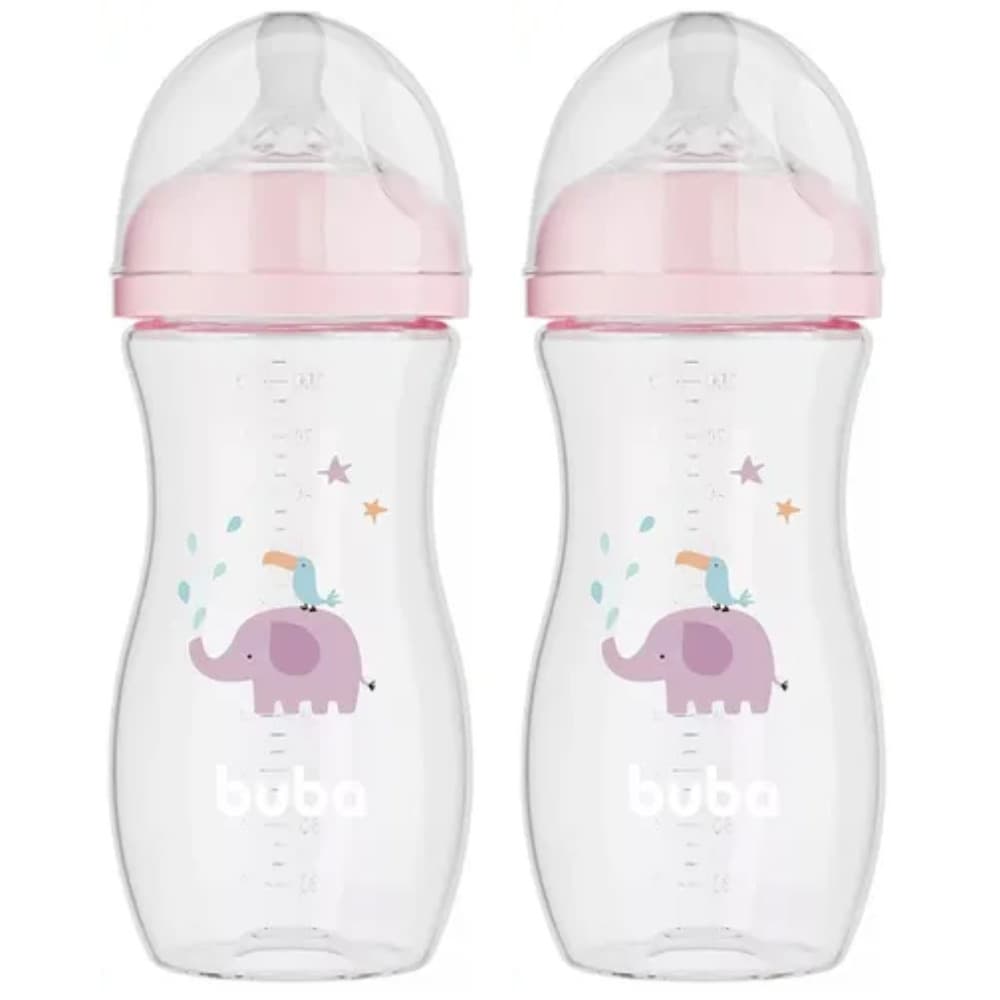 KIT C/ 2 MAMADEIRAS EASY FLOW ELEFANTE ROSA 330ML +4 MESES - BUBA