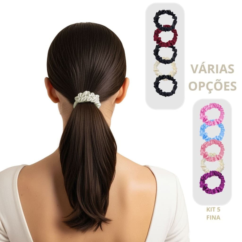 Kit 5 Xuxinha de Cetim Scrunchie Fina Elástico de Cabelo