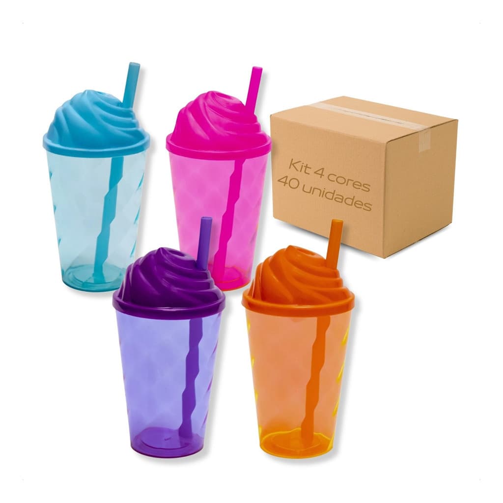 Kit 40 Copos Twister 300 Ml Tampa Chantilly Atacado Varejo Refrigerante Canudo Colorido Festa Evento