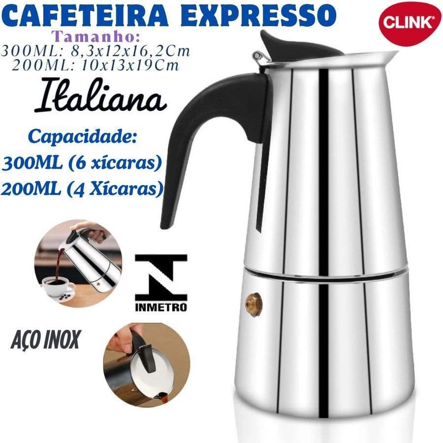 Cafeteira Italiana 300ML 6 Xícaras Ou 200ML 4 Xícaras Compatível Com Fogão De Indução Inox