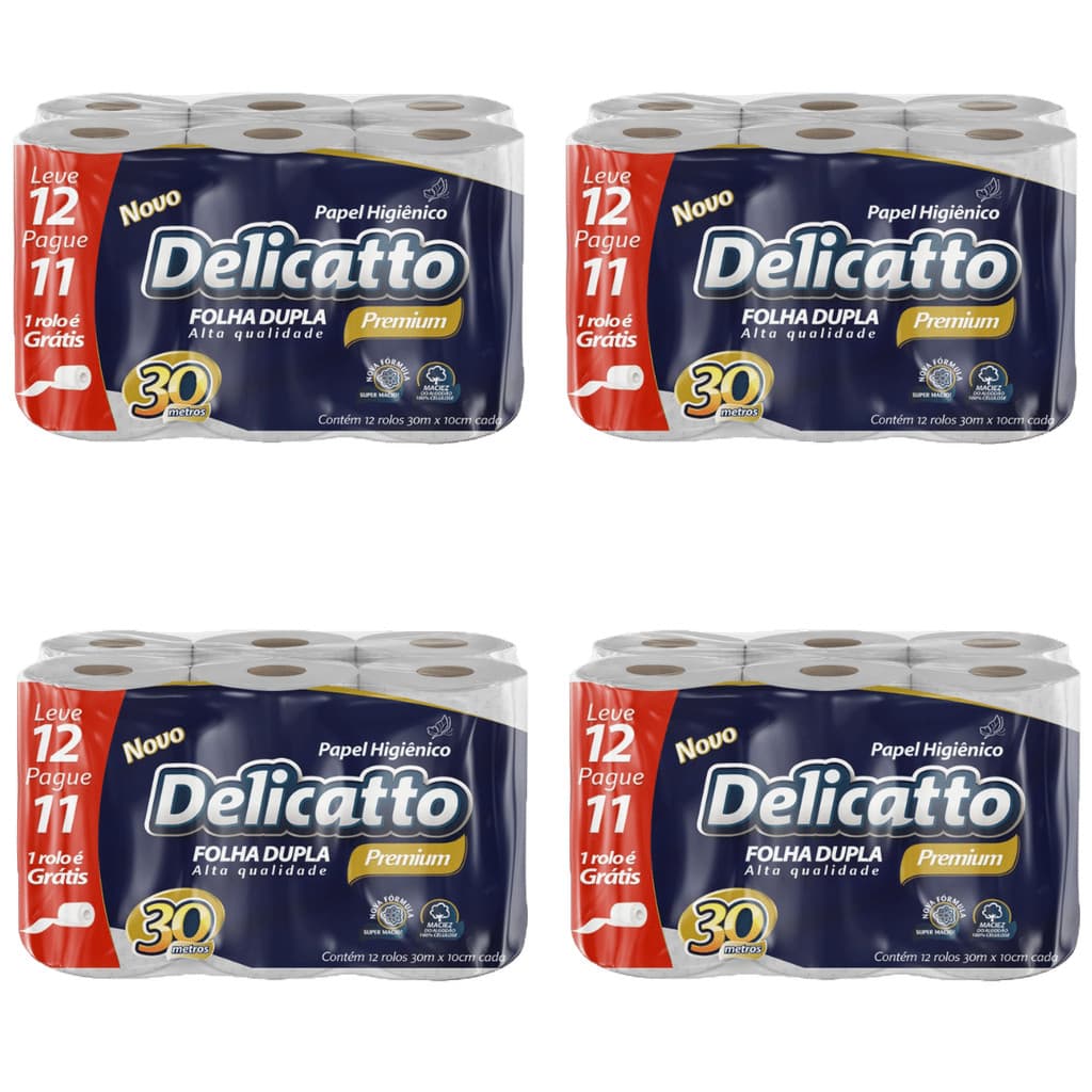 Kit 48 Rolos Papel Higiênico Folha Dupla Delicatto Premium 30mts