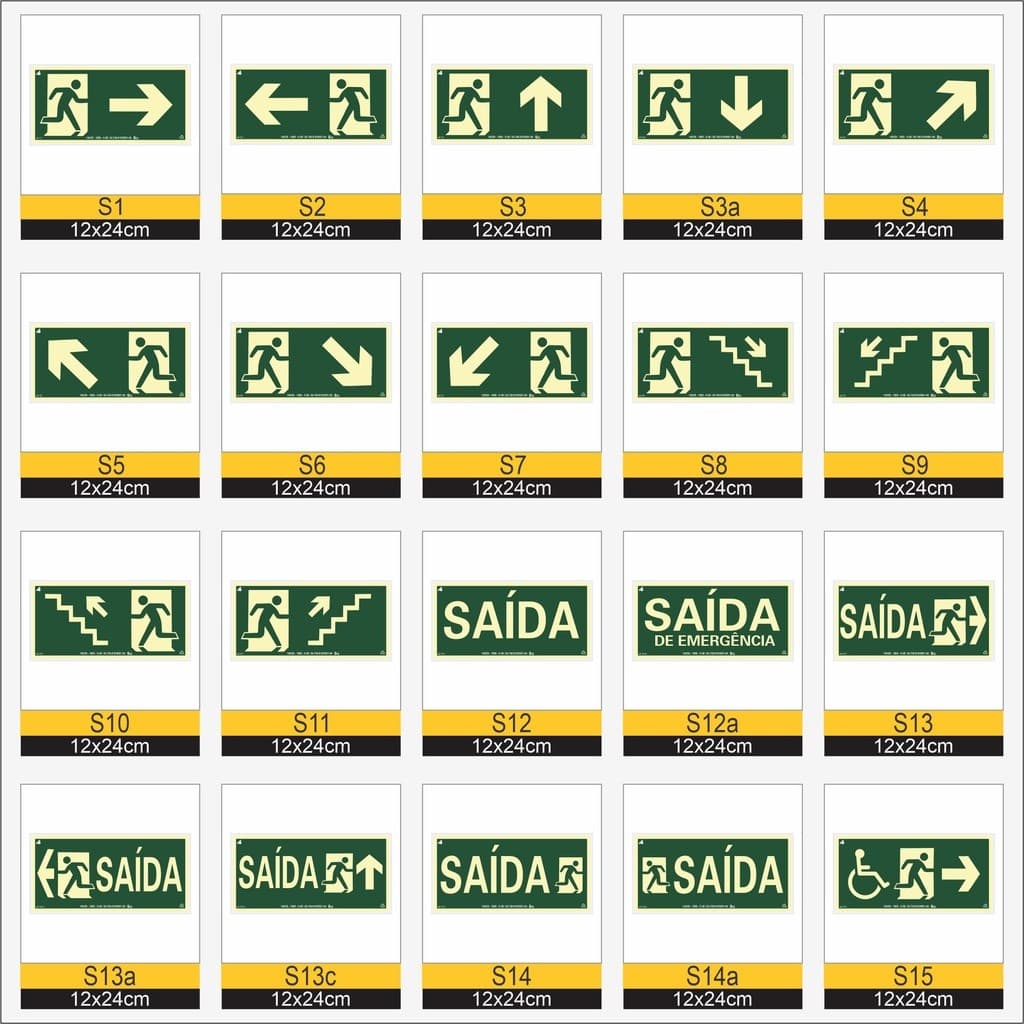 Kit 10 Placas de Sinalização de Emergência Fotoluminescente Antichamas