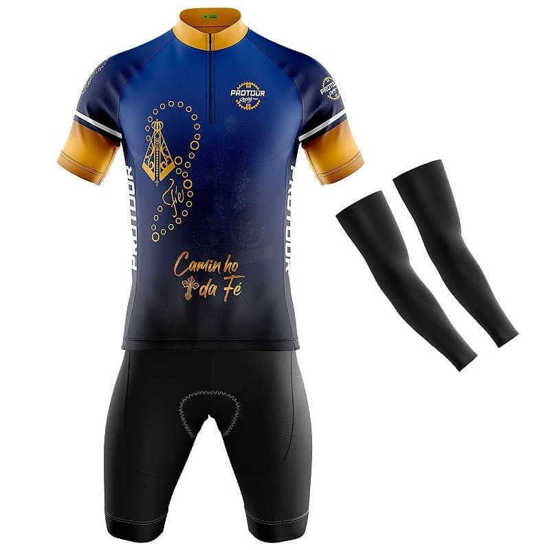 CONJUNTO CICLISMO MASCULINO PRO TOUR CAMINHO DA FÉ AZUL COM BOLSOS UV50+