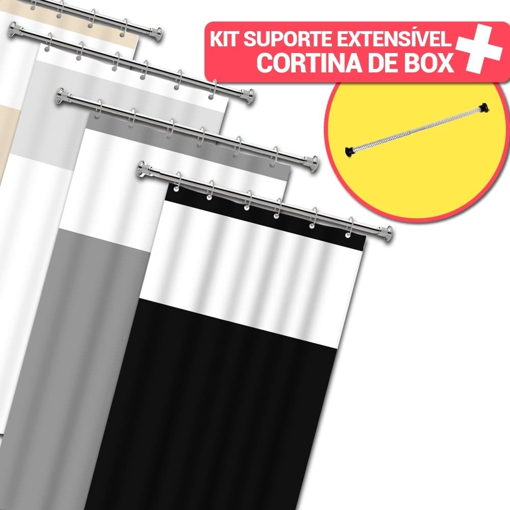 Kit 1 Bastão Suporte Box Banheiro Varão 90cm x 1,30m / 50 x 90cm + 1 Cortina de box c Visor Antimofo