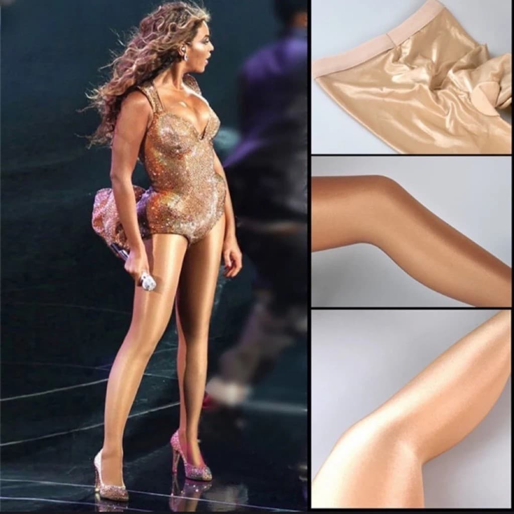 Meias Femininas De Cetim Brilhante Nude Estilo Meia Calça 70d Anti Celulite Cor Bege E Preto