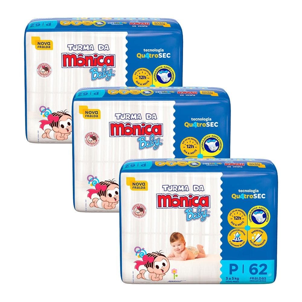 Kit 3 Fraldas Turma da Mônica Baby Mega P com 62un cada