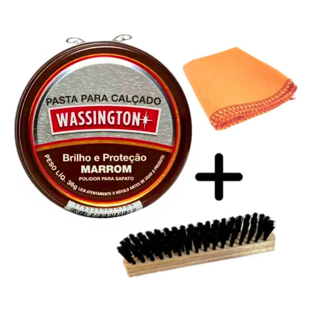 Kit 1 Graxa Cera Pasta Wassington 36g Marrom 1 Escova 1 Flanela Polidor Sapato