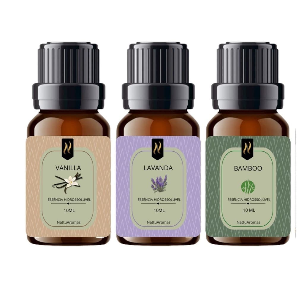 Kit 3 Essências Hidrossolúveis 10ml Nattuaromas - Bamboo Lavanda Vanilla Para Difusor Umidificador Aromaterapia Spa Casa