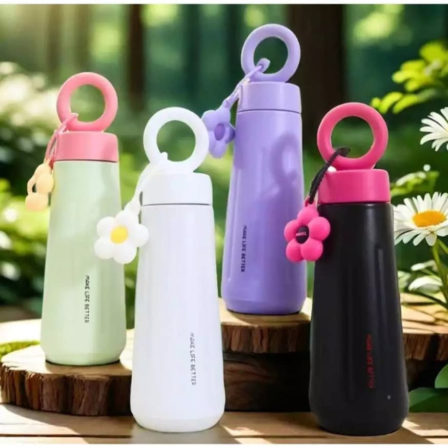 Garrafa de Aço lnoxidavel com alça e Chaveiro de Flor 450ml