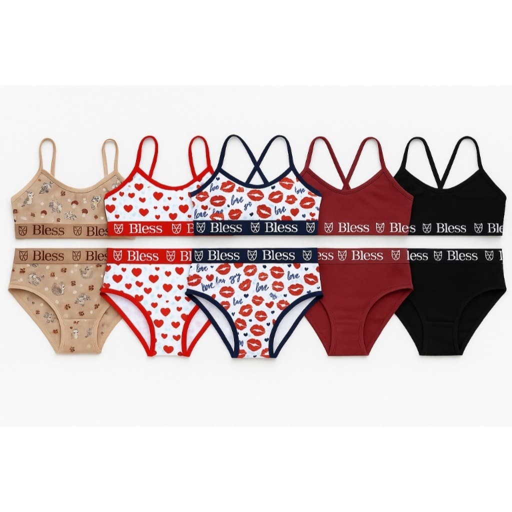 Kit 5 Conjuntos Juvenil pré adolescente Calcinha e Sutiã Lisos e Estampados Variados
