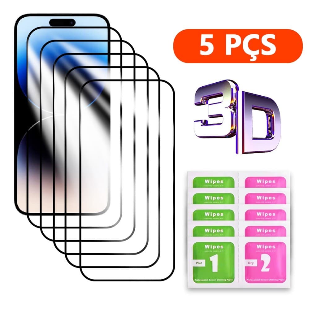 Kit 5 Película 3D Vidro Temperado Para Todos iPhone X  XR 11 12 13 14 15 16 17PROMAX