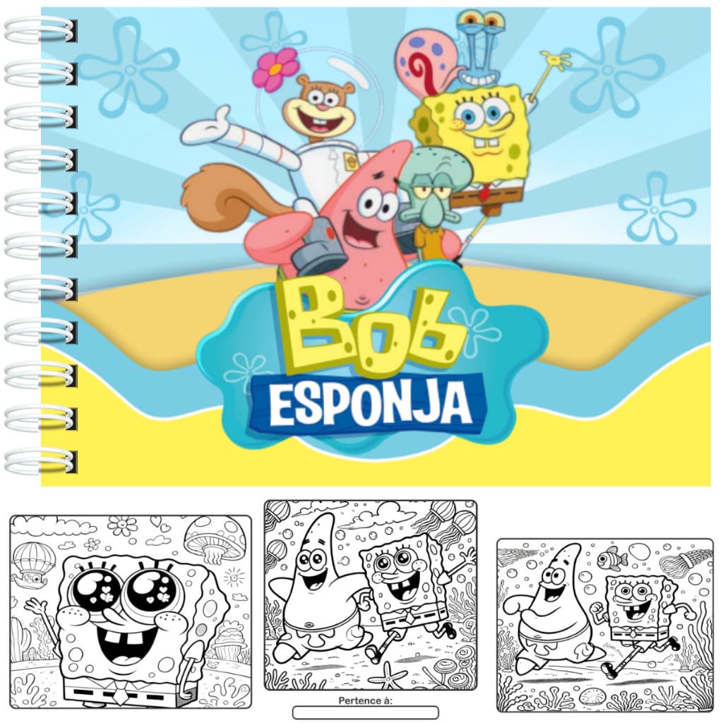 Livro de Colorir Bob Esponja Capa Dura A5 50 Páginas Laminação Holográfica Folhas 180Grm