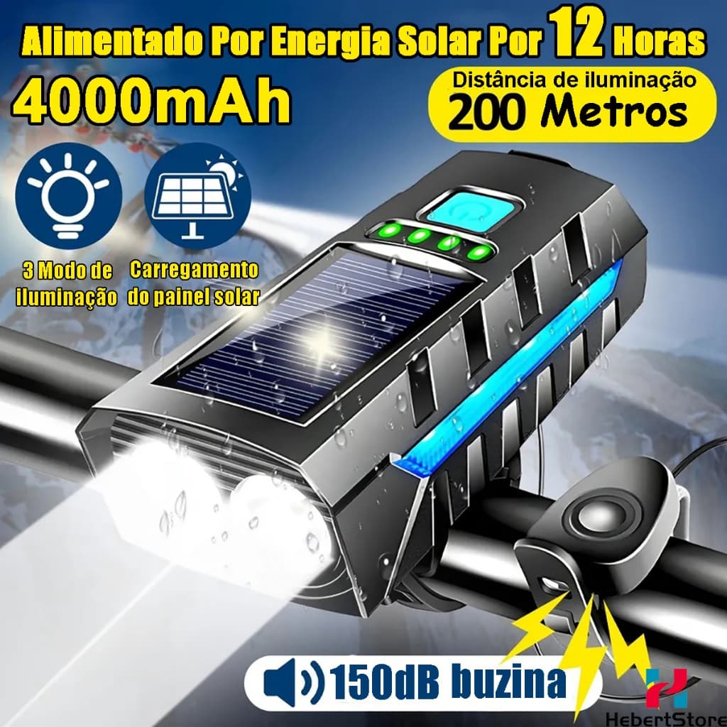 Kit Lanterna Bike Solar Com Buzina E Power Bank 12 Horas Recarregável À Prova D'Água Farol Bicicleta