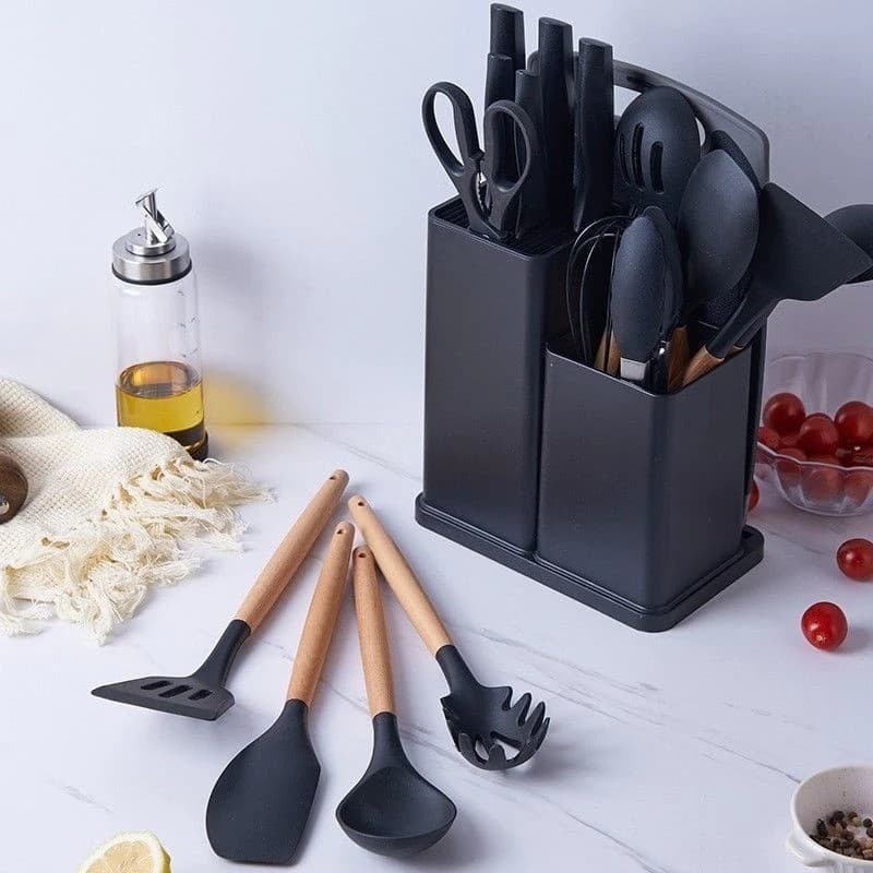 Kit Completo Jogo Utensílios de Cozinha Luxo 19 Peças Com Tábua em Silicone Espátula Faca Tesoura super-loja