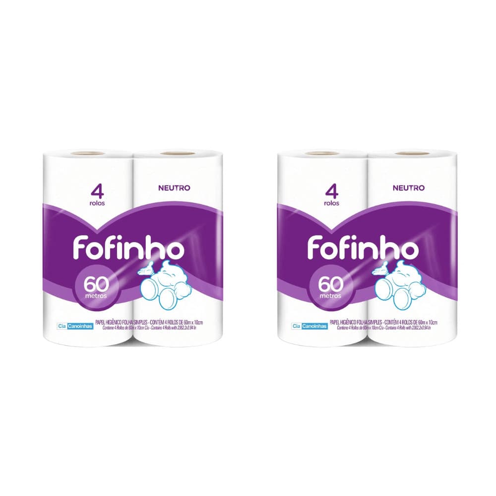 Kit 2 Pacotes de Papel Higiênico Folha Simples Fofinho Pacote com 4 Rolos de 60 Metros