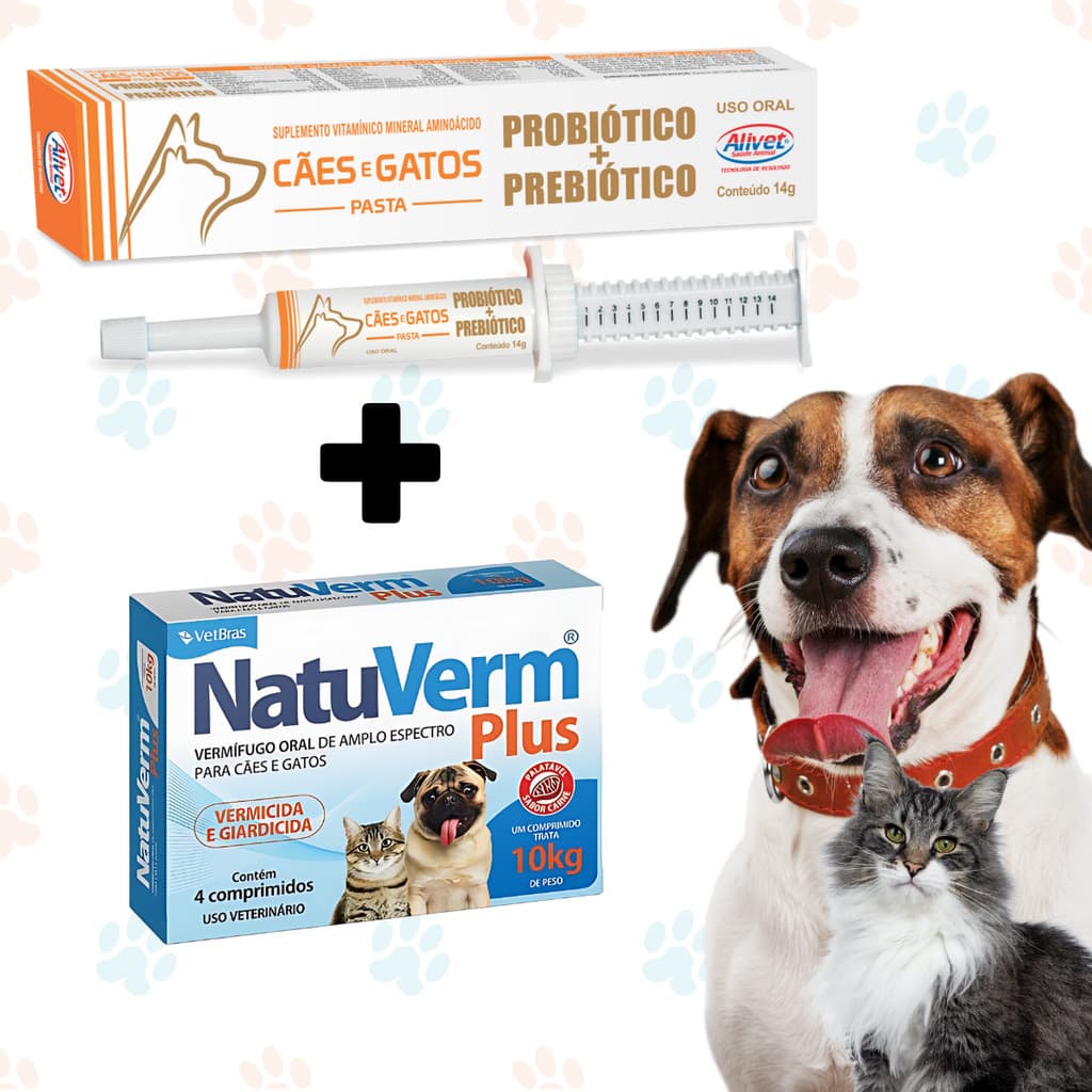Kit Probiótico Prebiótico Alivet Vermifugo NatuVerm Plus Vermes Giardia Saúde e Equilibrio Intestinal Imunidade