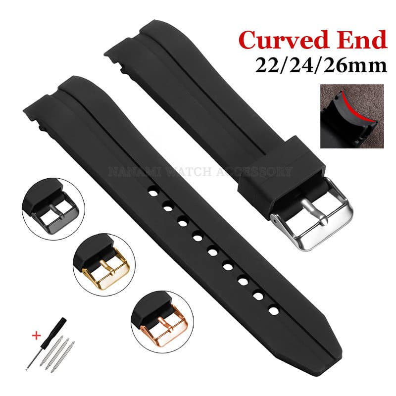Pulseira De Relógio De Silicone Com Extremidade Curvada , 22mm 24mm 26mm , À Prova D'água , Borracha Macia , Substituiçã