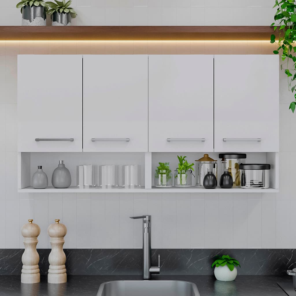 Armário de Parede 4 Portas com Nichos Decorativos Multiuso para Organização de Cozinha ou Lavanderia
