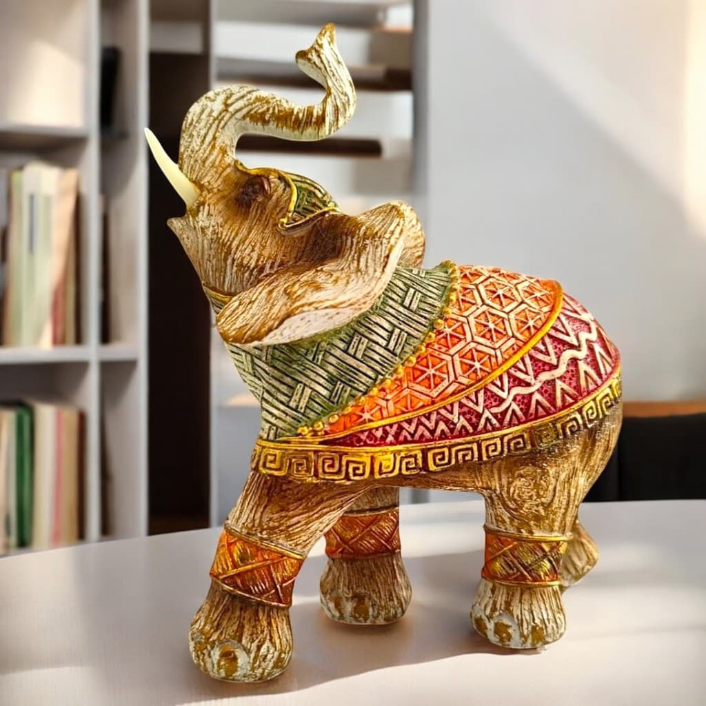 Elefante Decorativo Em Resina Indiano Sorte Sabedoria Médio Colorido Sorte e Sabedoria