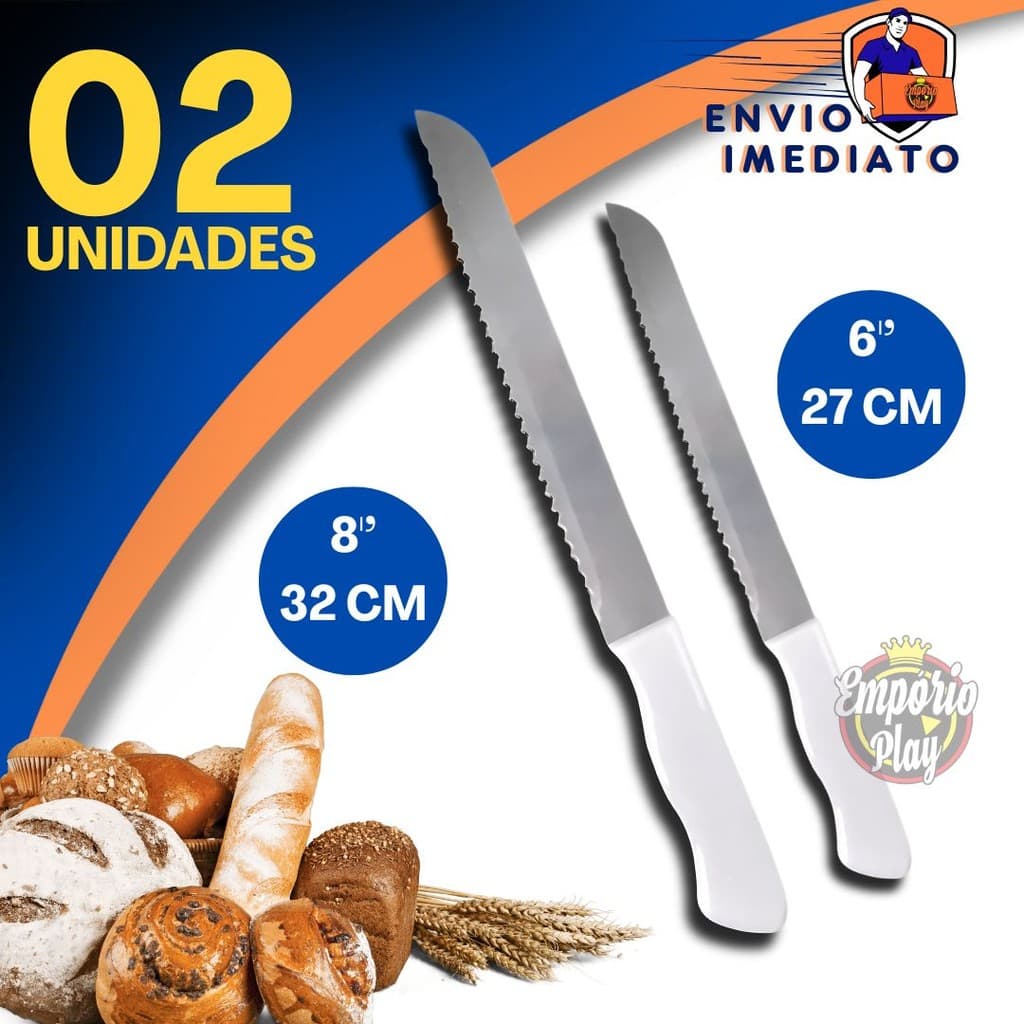 Kit Conjunto 2 Facas de Pão Bolo Torta Grande Cucas Serra Serrilha Aço Inox Cabo 32,8cm e 27.5cm